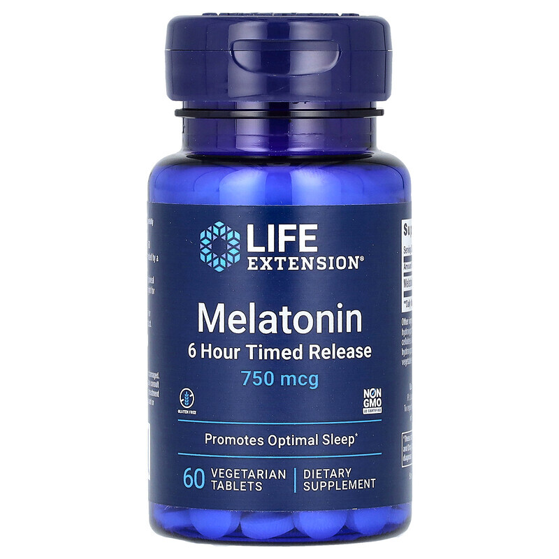   Well Be Life Extension, мелатонин, с медленным 6-часовым высвобождением, 750 мкг, 60 вегетарианских таблеток