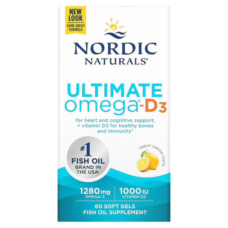 Nordic Naturals, Омега-D3 Ultimate, лимон, 1000 мг, 60 гелевых капсул