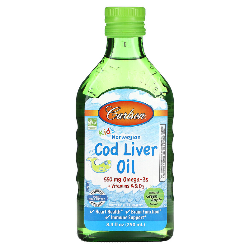 Carlson, Kids Cod Liver Oil, Natural Green Apple , 550 mg, 8.4 fl oz (250 ml)