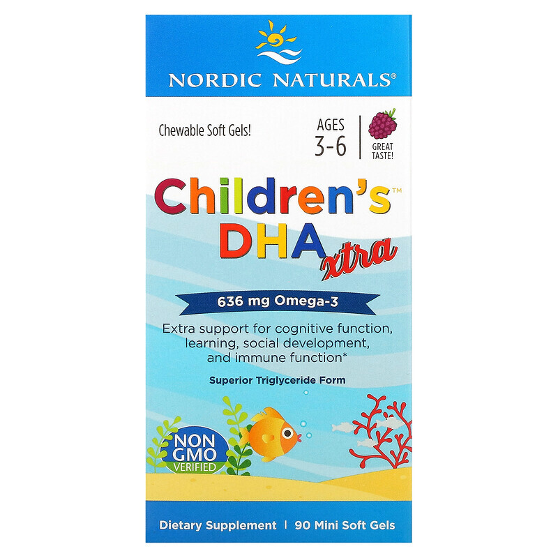 Рыбий жир и омега (ЭПК и ДГК) Nordic Naturals, Children's DHA Xtra, для детей от 3 до 6 лет, ягодный вкус, 636 мг, 90 мини-таблеток