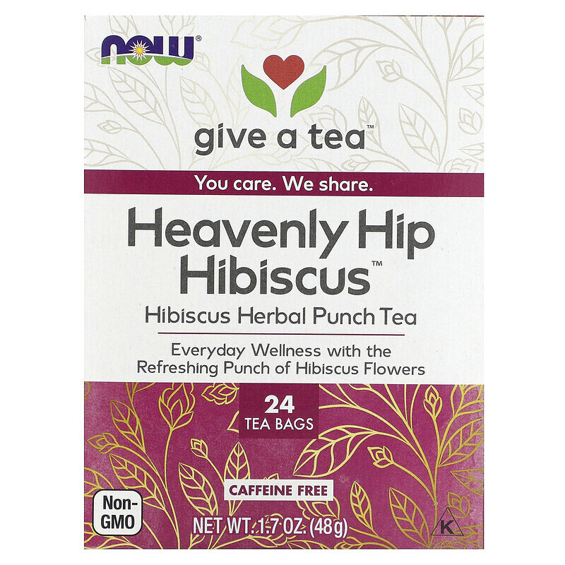 NOW Foods, Heavenly Hip Hibiscus, травяной чай с пуншем, без кофеина, 24 чайных пакетика, 48 г (1,7 унции)