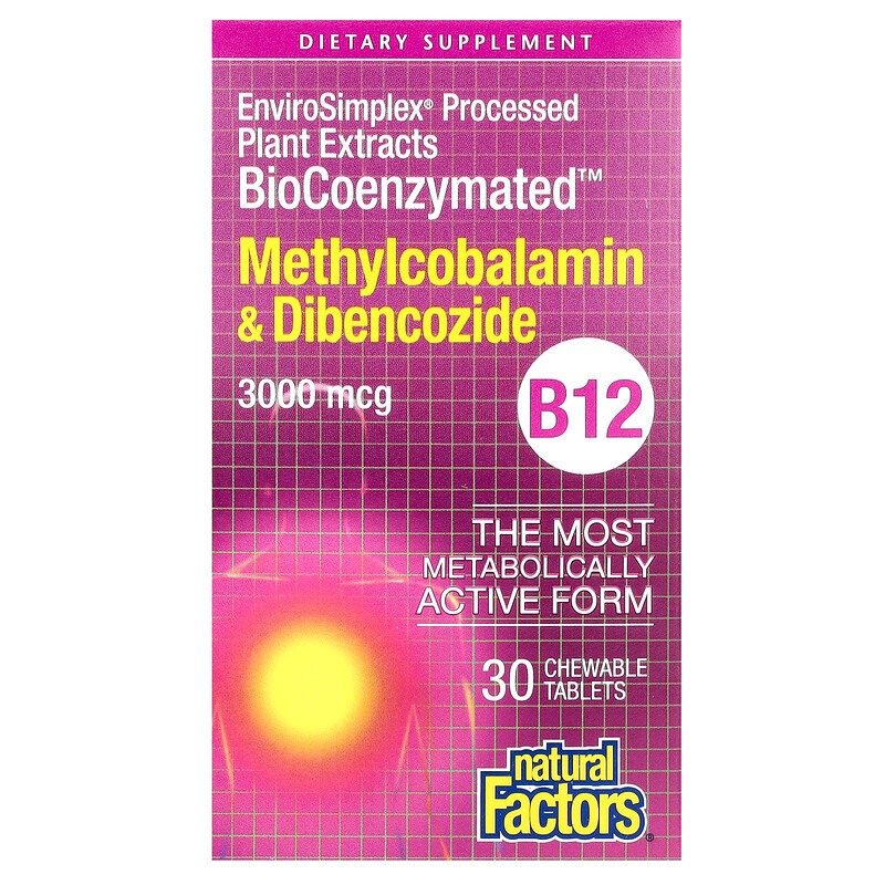 Natural Factors, BioCoenzymated, B12, метилкобаламин и дибенкозид, 3000 мкг, 30 жевательных таблеток