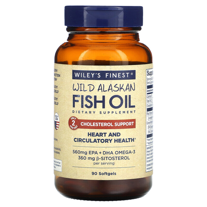 Wiley's Finest, жир дикой аляскинской рыбы, холестериновая поддержка, 800 мг, 90 капсул