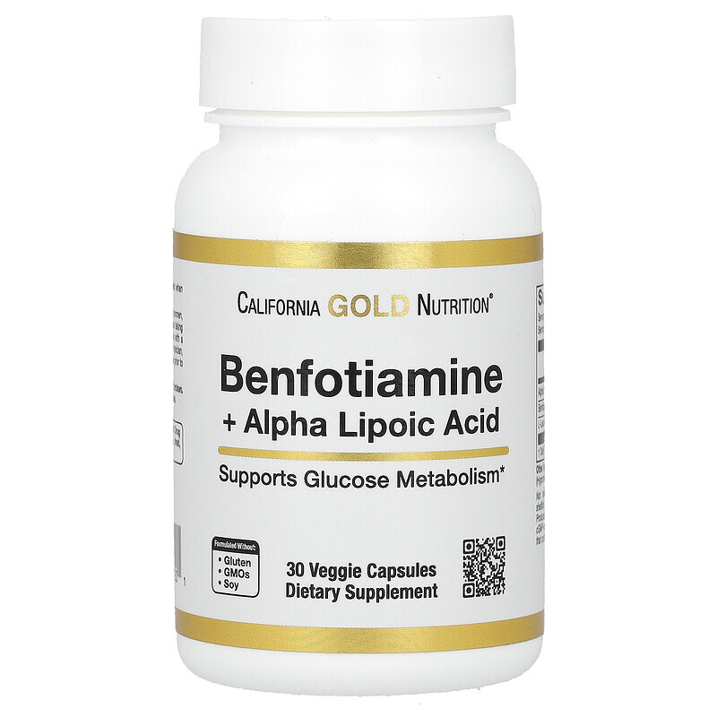 Альфа-липоевая кислота  Well Be California Gold Nutrition, Benfotiamine + Alpha Lipoic Acid, 30 Veggie Capsules