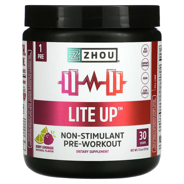 Zhou Nutrition, Lite Up, предтренировочный комплекс без стимуляторов, ягодный лимонад, 213 г (7,5 унции)