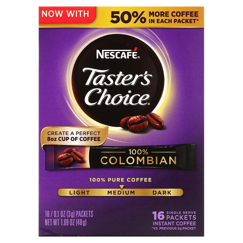 Nescafé, Taster's Choice, 100% колумбийский растворимый кофе, средней обжарки, 16 пакетиков по 3 г (0,1 унции)