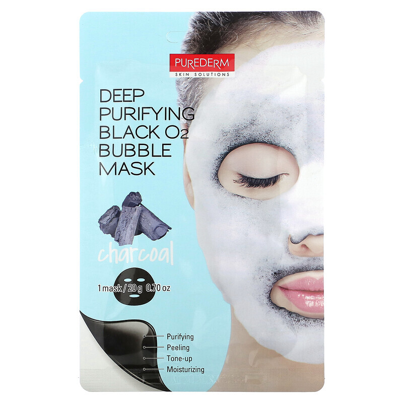 Purederm, Deep Purifying Black 02 Bubble Beauty Mask, уголь, 1 листовая маска, 20 г (0,70 унции)