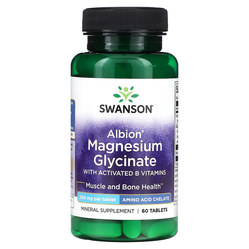  Swanson, Albion Magnesium Glycinat with Activated B Vitamins, 200 mg, 60 Tabletten