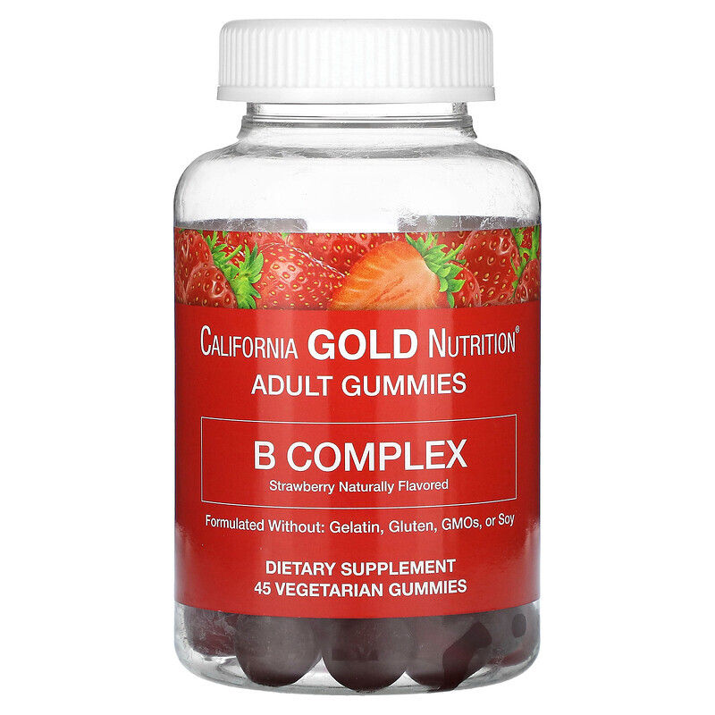 California Gold Nutrition, Жевательные таблетки с комплексом витаминов группы B, без желатина и глютена, натуральный клубничный вкус, 45 жевательных таблеток