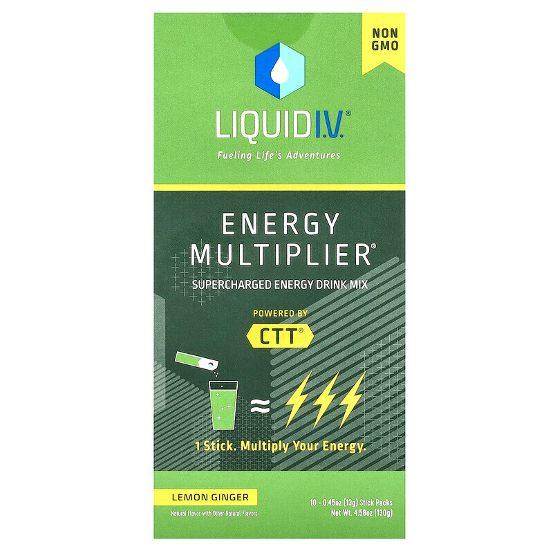 Liquid I.V., Energy Multiplier, Смесь для энергетических напитков Supercharged, лимонный имбирь, 10 пакетов в стиках по 0,56 унции (16 г) каждая