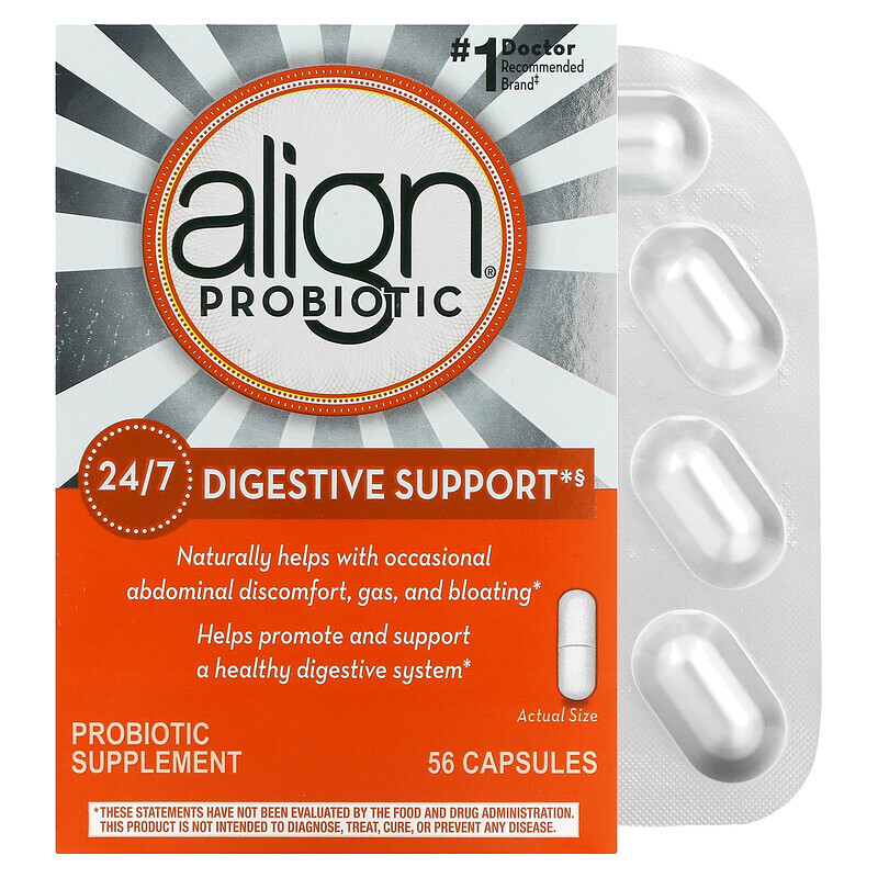 Align Probiotics, Поддержка пищеварения 24/7, добавка с пробиотиками, 56 капсул