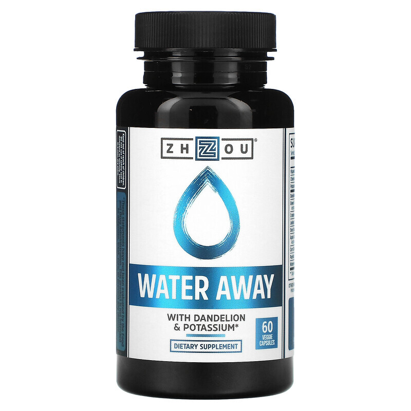 Мочегонные биодобавки Zhou Nutrition, Water Away с одуванчиком и калием, 60 капсул