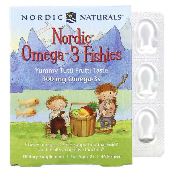   Well Be Nordic Naturals, рыбки с омега-3, без сахара, для детей от 3 лет, тутти фрутти, 300 мг, 36 рыбок