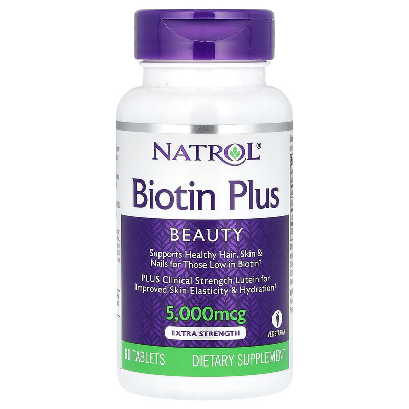 Биотин Natrol, Biotin Plus, Extra Strength, 5,000 mcg, 60 Tablets