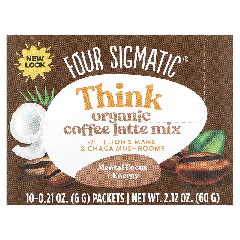 Травяные заменители кофе  Well Be Four Sigmatic, Think, Organic Coffee Latte Mix with Lion's Mane & Chaga Mushrooms, 10 Packets, 0.21 oz (6 g) Each