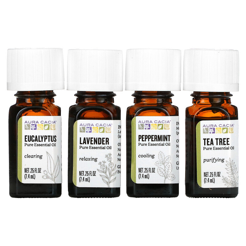 Aura Cacia, Discover Kit, Pure Essential Oils, 4 Bottles, 0.25 fl oz (7.4 ml) Each