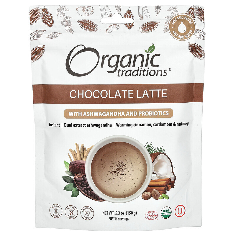 Organic Traditions, Шоколадный латте с ашвагандой и пробиотиками, 150 г (5,3 унции)