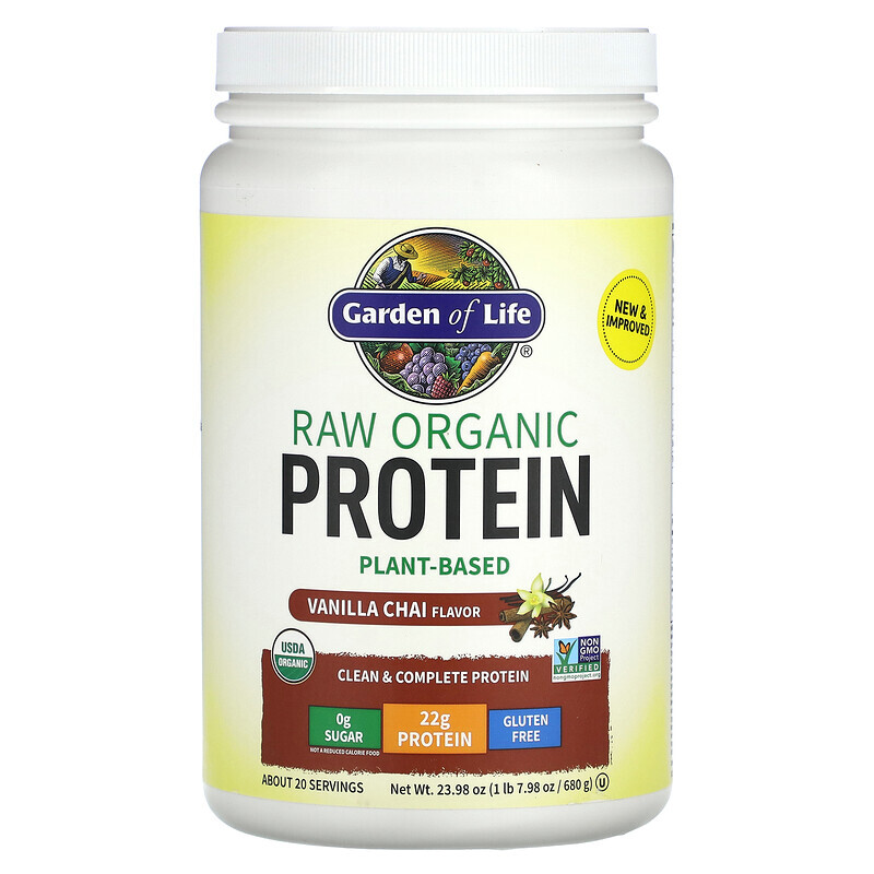 Garden of Life, RAW Organic Protein, органический протеин на растительной основе, ваниль и чай, 680 г (1 фунт, 7,98 унции)