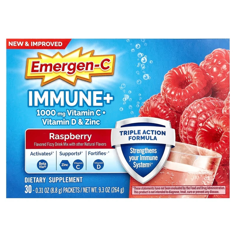 Emergen-C, Immune+, витамин C, витамин D и цинк, малина, 30 пакетиков по 8,8 г (0,31 унции)