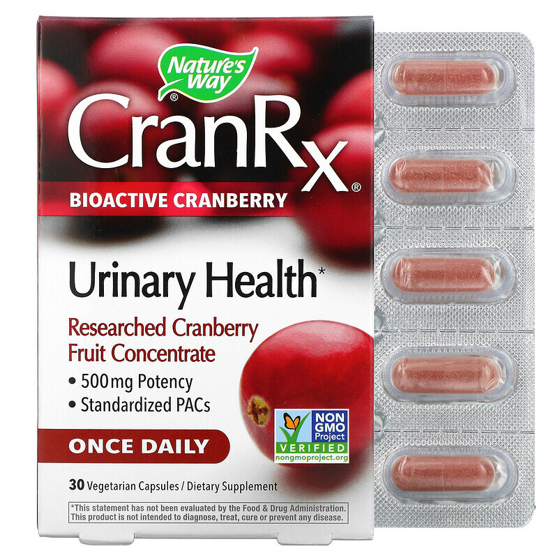   Well Be Nature's Way, CranRx, Urinary Health, биоактивная клюква, 500 мг, 30 вегетарианских капсул