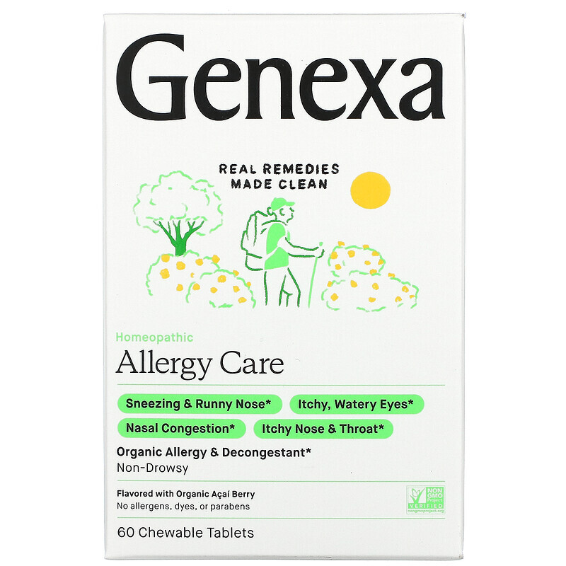 Натуральные препараты Genexa LLC, Allergy Care, органическое средство от аллергии и отеков, органические ягоды асаи, 60 жевательных таблеток