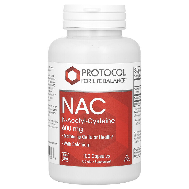 N-ацетилцистеин  Well Be Protocol for Life Balance, NAC N-ацетил-цистеин, 600 мг, 100 вегетарианских капсул