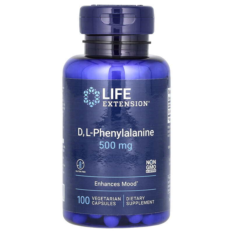  Life Extension, D, L-фенилаланин, 500 мг, 100 вегетарианских капсул