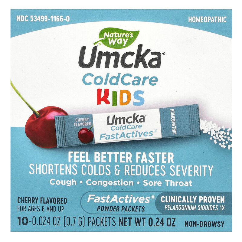 Nature's Way, Umcka, ColdCare Kids, FastActives, для детей от 6 лет, с вишневым вкусом, 10 пакетиков с порошком