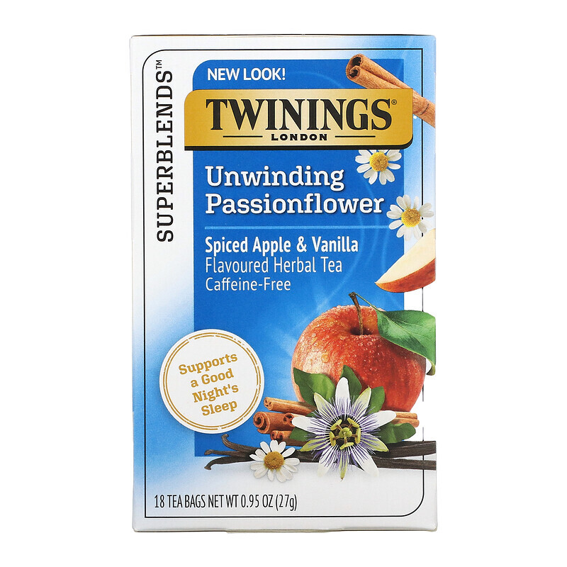 Twinings, Успокаивающий травяной чай, страстоцвет и ромашка, пряное яблоко и ваниль, без кофеина, 18 пакетиков по 0,95 унц. (27 г)