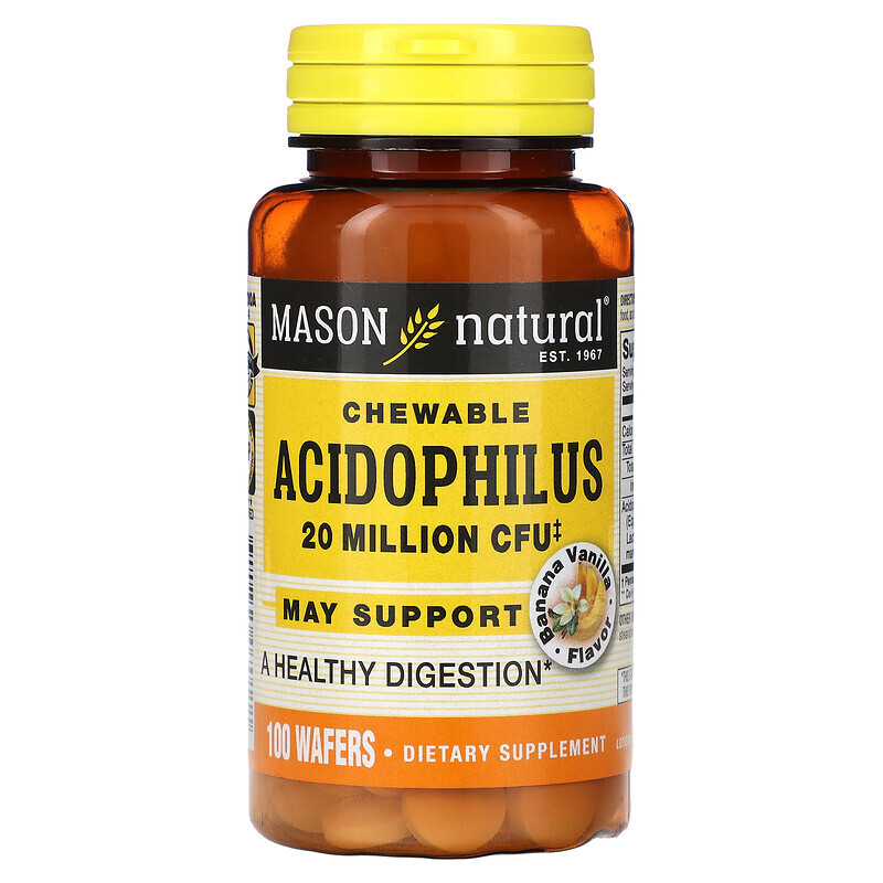  Mason Natural, Жевательные Acidophilus, банан и ваниль, 20 млн КОЕ, 100 вафель