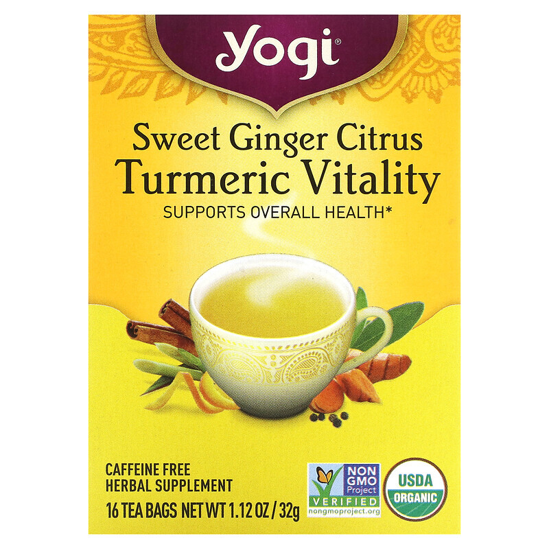 Yogi Tea, Sweet Ginger Citrus Turmeric Vitality, без кофеина, 16 чайных пакетиков, 1,12 унции (32 г)