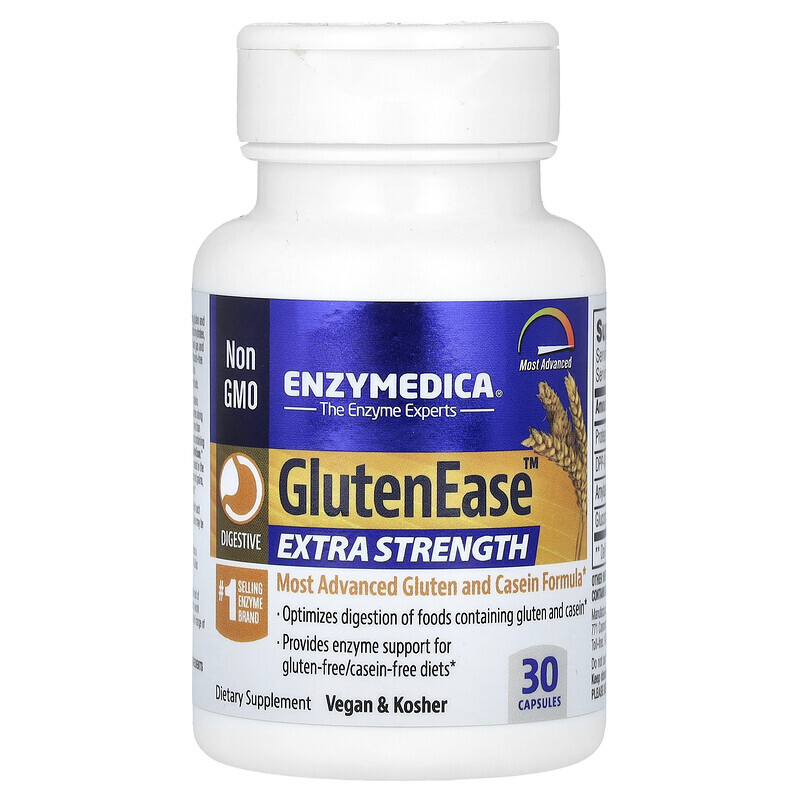 Enzymedica, GlutenEase, добавка для переваривания глютена с повышенной силой действия, 30 капсул