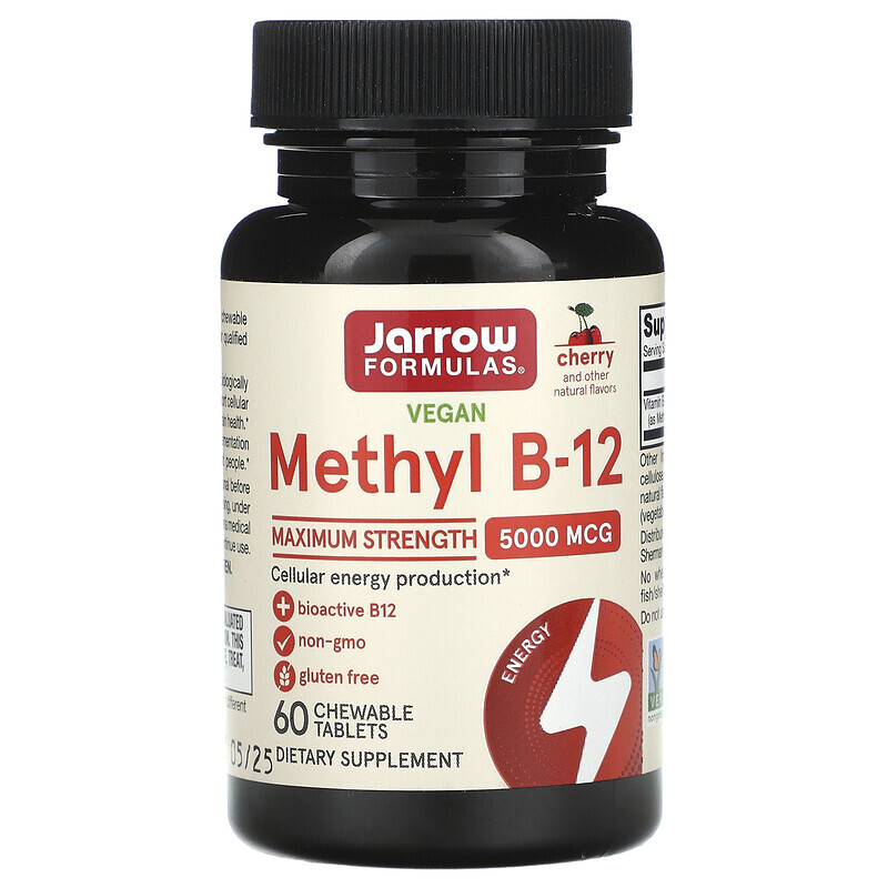 Jarrow Formulas, метил B12, максимальная эффективность, со вкусом вишни, 5000 мкг, 60 жевательных таблеток