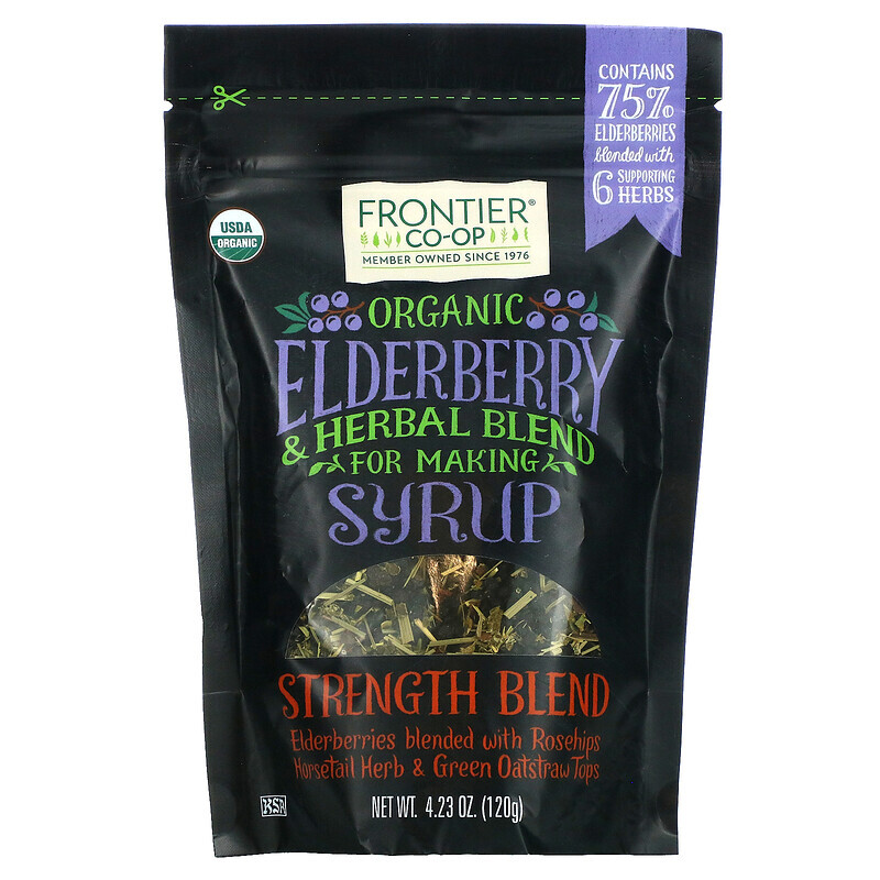 Бузина (Elderberry)  Well Be Frontier Co-op, Органическая смесь бузины и трав для приготовления сиропа, смесь для повышения концентрации, 120 г (4,23 унции)