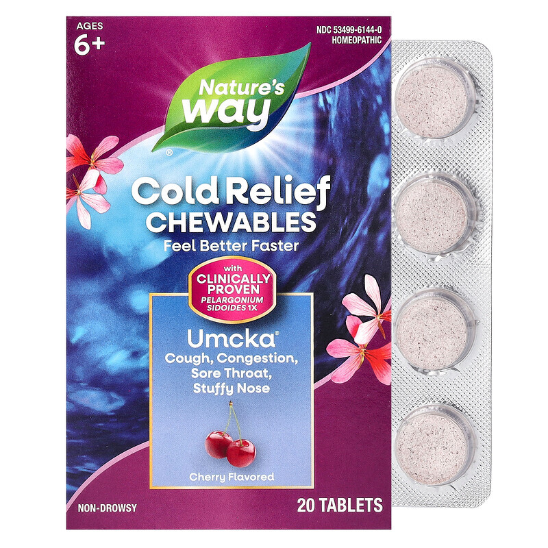 Натуральные препараты  Well Be Nature's Way, Umcka, ColdCare, вишня, 20 жевательных таблеток