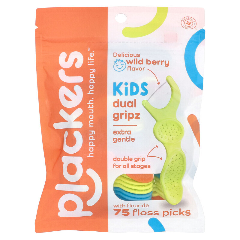Plackers, Kid's Dual Gripz, детские зубочистки с нитью, с фтором, фруктовый смузи, 75 шт.