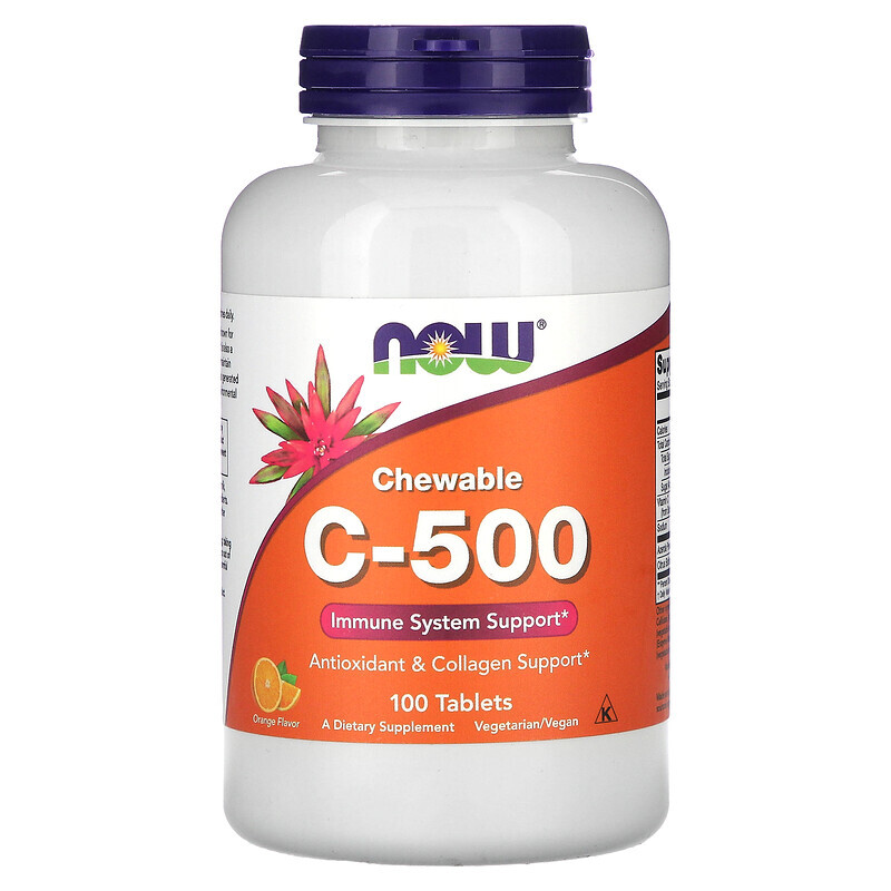 NOW Foods, жевательный витамин C-500, со вкусом апельсинового сока, 100 таблеток