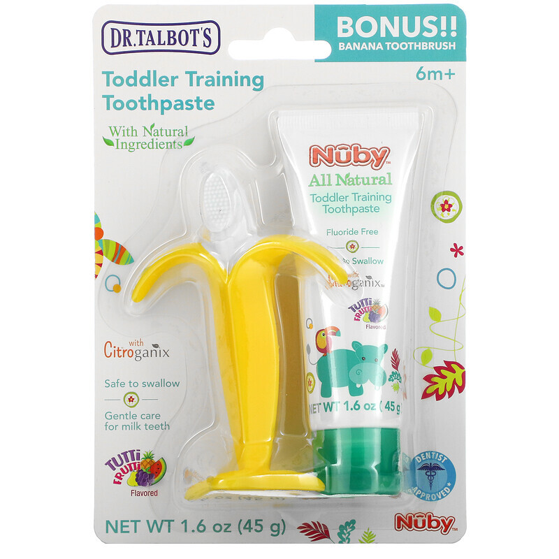 Зубная паста Dr. Talbot's, Toddler Training Toothpaste with Banana Toothbrush, 6 m+, Tutti Frutti, 2 Piece Set