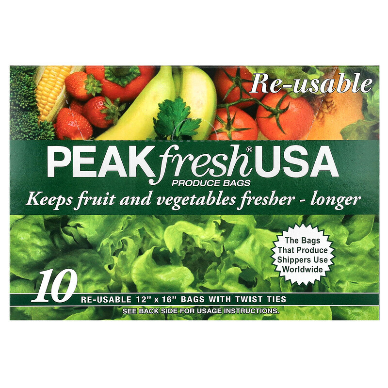 PEAKfresh USA, многоразовые пакеты с затяжками для хранения продуктов, 10 шт.