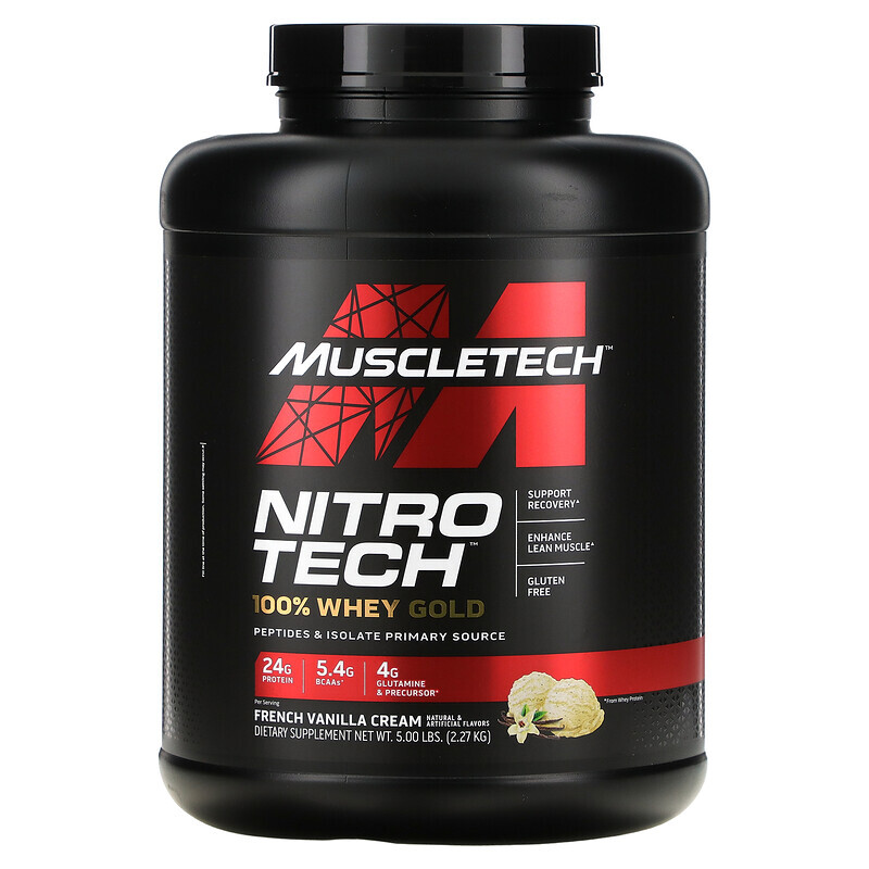 Сывороточный белок  Well Be MuscleTech, Nitro Tech, 100% Whey Gold, смесь сывороточных пептидов и изолята, французская ваниль, 2,27 кг (5 фунтов)