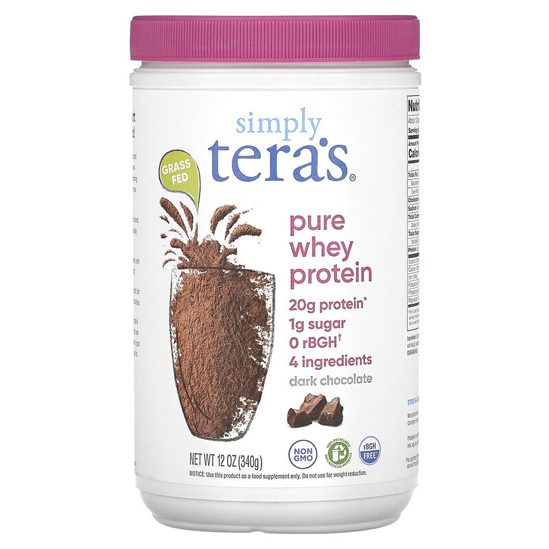 Сывороточный белок Simply Tera's, Grass Fed, Simply Pure Whey Protein, темный шоколад с какао, полученный по принципу справедливой торговли, 340 г (12 унций)