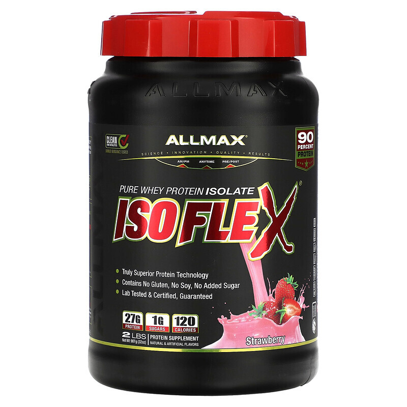 Сывороточный белок  Well Be ALLMAX, Isoflex, 100% ультрачистый изолят сывороточного протеина (WPI - Технология ионной фильтрации), клубника, 2 фунта (907 г)