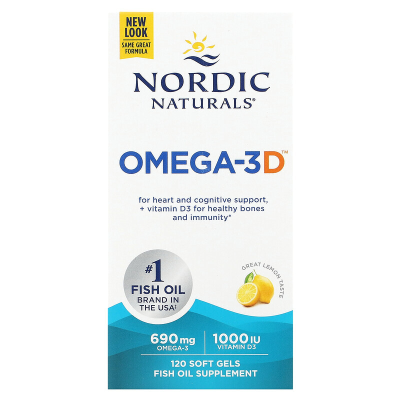 Рыбий жир омега-3 Nordic Naturals, Omega-3D, с лимонным вкусом, 345 мг, 120 капсул