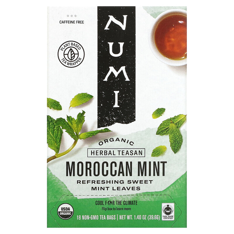 Numi Tea, Organic Herbal Teasan, марокканская мята, без кофеина, 18 чайных пакетиков, 39,6 г (1,40 унции)