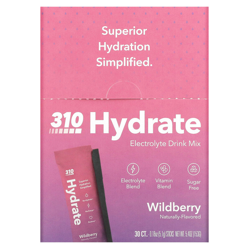 Товары из аптечки 310 Nutrition, Hydrate, смесь для приготовления электролитов, лесная ягода, 30 стиков по 5,1 г (0,18 унции)