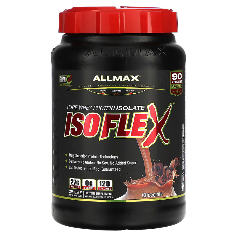 Сывороточный белок ALLMAX, Isoflex, чистый изолят сывороточного протеина (фильтрация ИСП частицами, заряженными ионами), со вкусом шоколада, 907 г (32 унции)