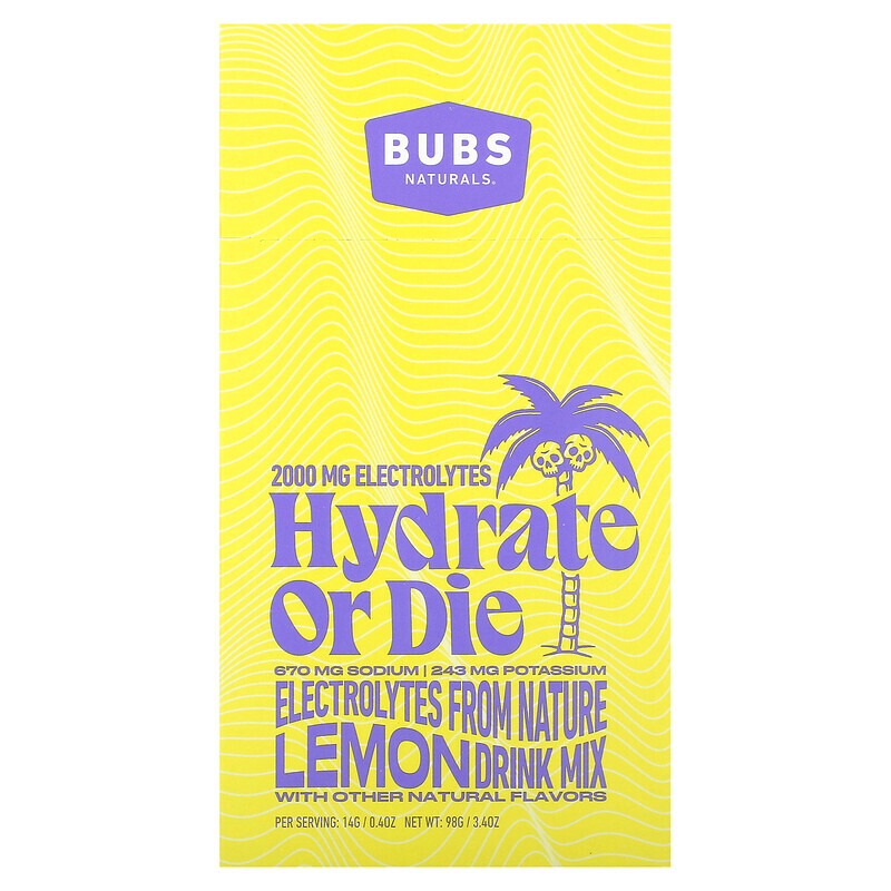 Товары из аптечки  Well Be BUBS Naturals, Hydrate or Die, смесь для приготовления электролитов, лимон, 7 палочек по 14 г (0,4 унции)