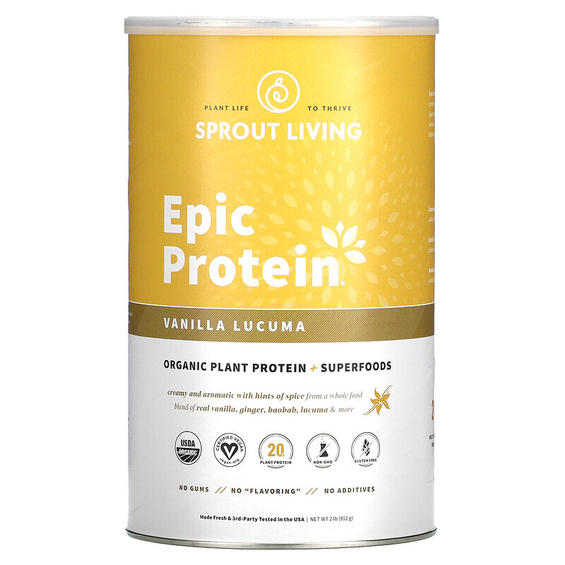 Sprout Living, Epic Protein, органический растительный протеин и суперфуды, ваниль и лукума, 910 г (2 фунта)