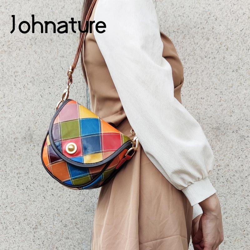 Johnature натуральная кожа, цветная женская сумка, винтажная мягкая воловья кожа, универсальные клетчатые сумки на плечо и через плечо разноцветный