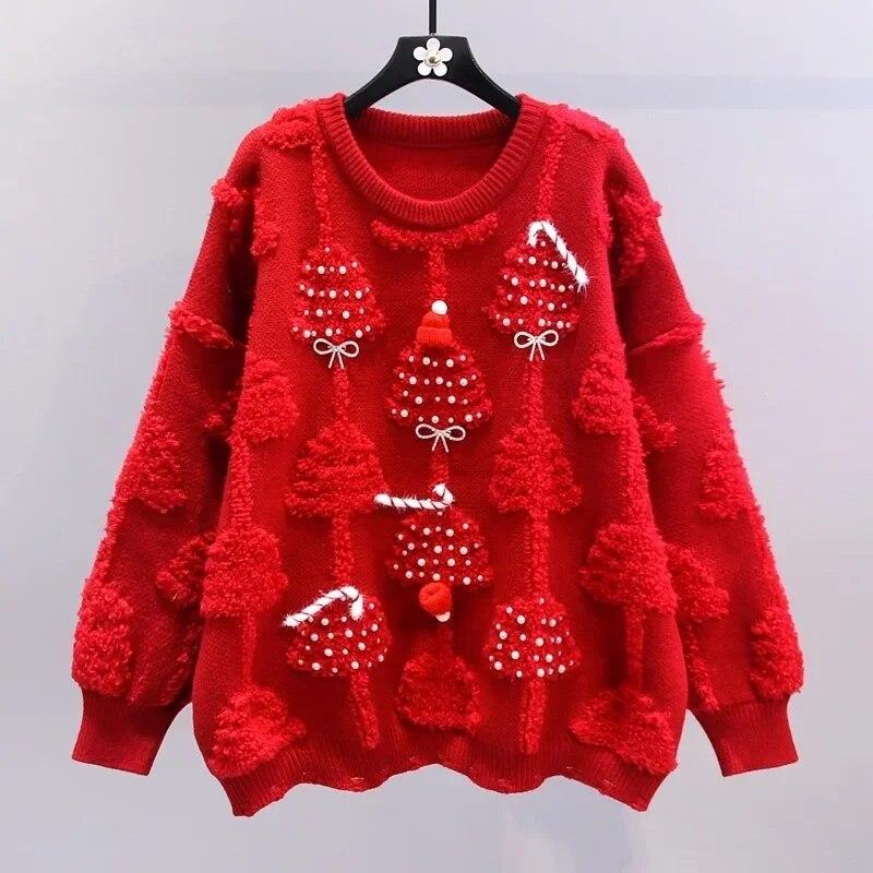 Женский свитер Heavy Craft Nail Red, вязаные джемперы с рождественской елкой, женские осенне-зимние свободные вязаные топы, плотные Sueter Mujer One Size красный